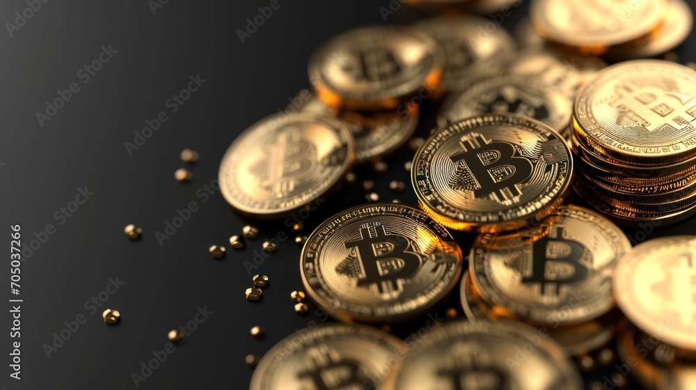 Pile of Gold Bitcoins on Black Surface, Digital Currency Symbolic of Wealth and Value.