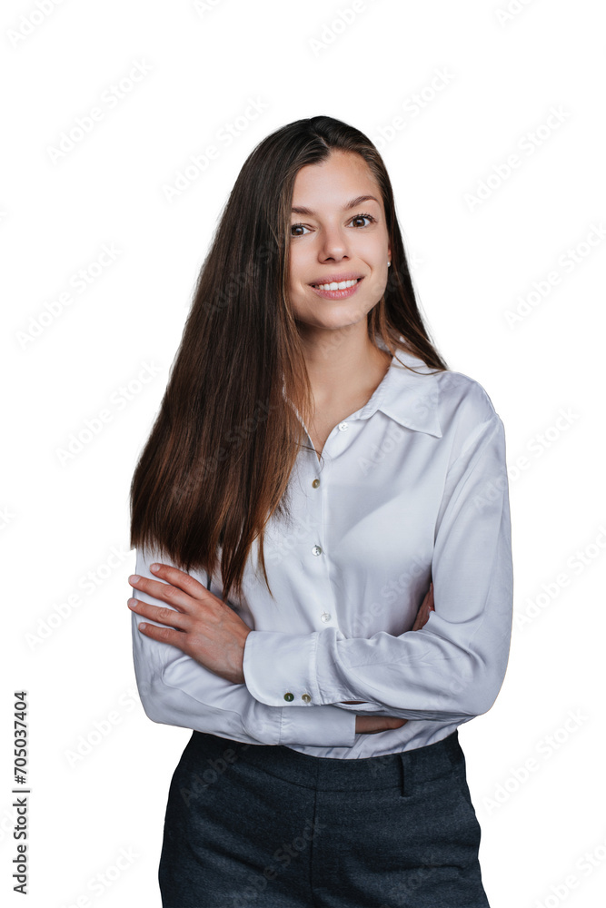 Beautiful satisfied brunette businesswoman in white shirt and black pants against transparent background looking at camera toothy smiling. Purposeful student female indoors. Business. Beautiful satisfied brunette businesswoman in white shirt and black pants against transparent background looking at camera toothy smiling. Purposeful student female indoors. Business.