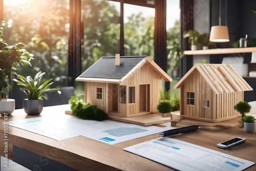a concept 3d render model of a small living eco -friendly wooden house on a table in a real estate agency. estate agent and the buyer clients signing mortgage contract document.