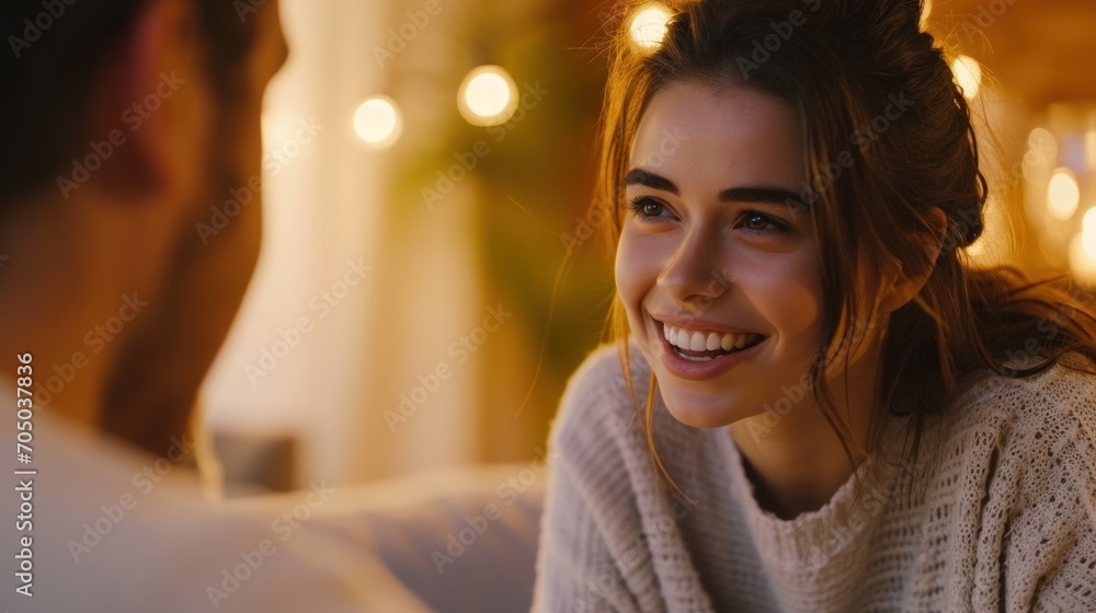 Smiling Woman Sitting on Couch Next to Man in Living Room Smiling Woman Sitting on Couch Next to Man in Living Room