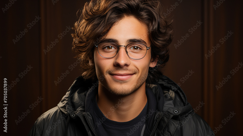 Fototapeta premium Portrait of young boy with glasses smiling at camera wearing casual clothes and dark background with copy space. Hispanic college student.