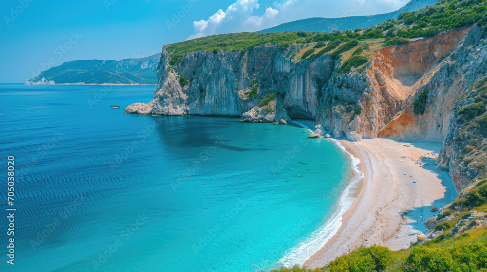 Beach and blue sea with cliffs in Greece
