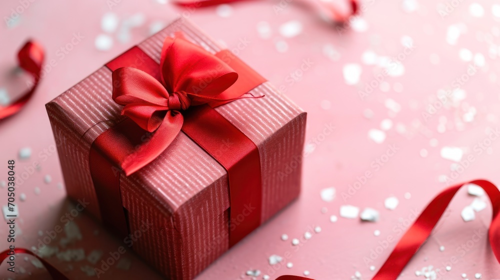 Fototapeta premium Red Gift Box With Ribbon on Pink Background