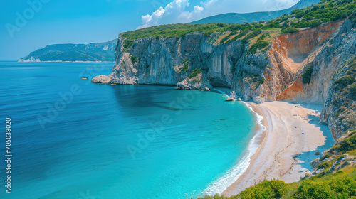 Beach and blue sea with cliffs in Greece 