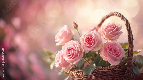 Basket Filled With Pink Roses on Table
