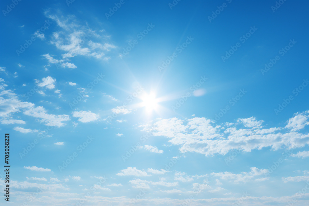 illustration of blue sky with clouds and sun background. Created with Generative AI	