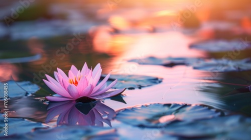 Pink Water Lily Floating on Top of Body of Water