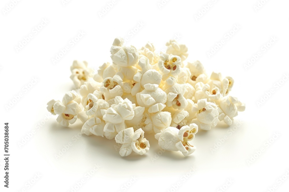 A Pile of Popcorn on a White Background, Snack Time Delight A Pile of Popcorn on a White Background, Snack Time Delight