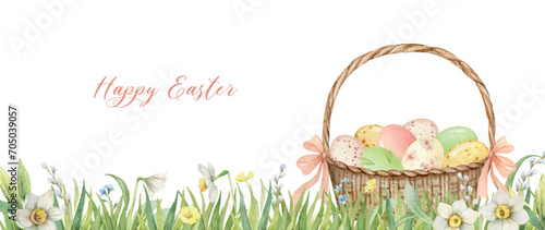 Watercolor floral banner with basket, Easter eggs, flowers and green grass. Vector design for cards, Baptisms, Christenings, invitations, postcards, packaging. Hand drawn illustration.