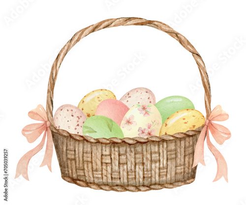 Happy Easter watercolor vector card of a basket with eggs and bows. Vector design for banner, invitations, postcards, packaging. Hand drawn illustration.
