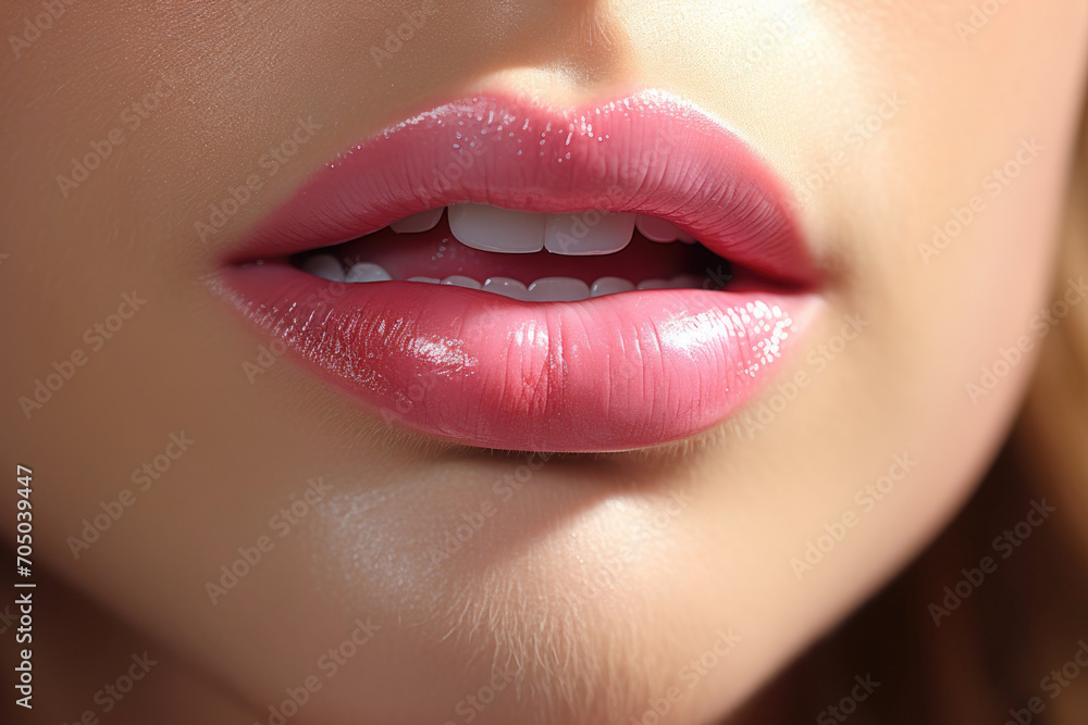 Fototapeta premium Plump female lips with pink lipstick, lip gloss, close-up.