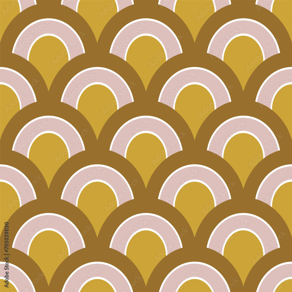 arc shaped decor abstract rainbow like elements in horizontal rows. Isolated vector pastel colorful seamless pattern