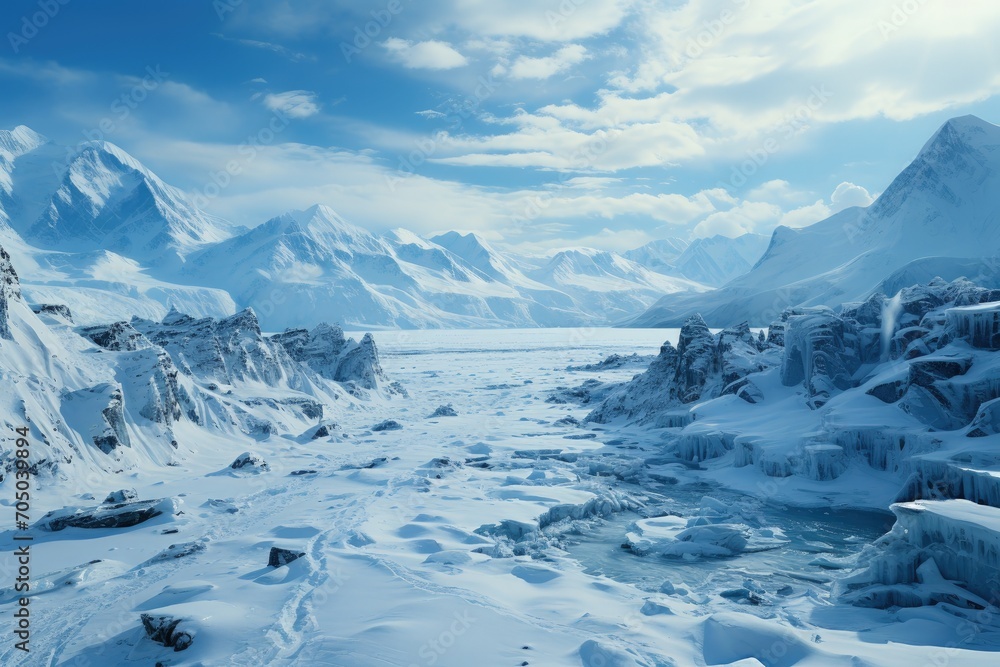 A snowy mountain with a blue sky and clouds
