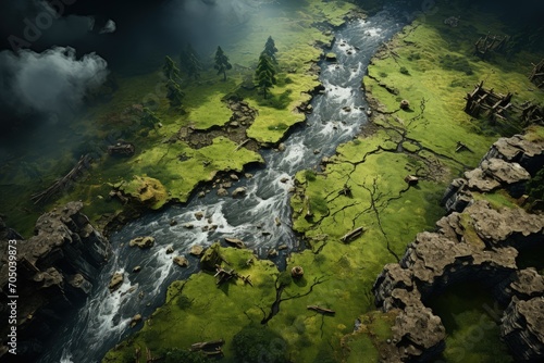 Aerial view of a beautiful mountain landscape with a clear mountain river 
