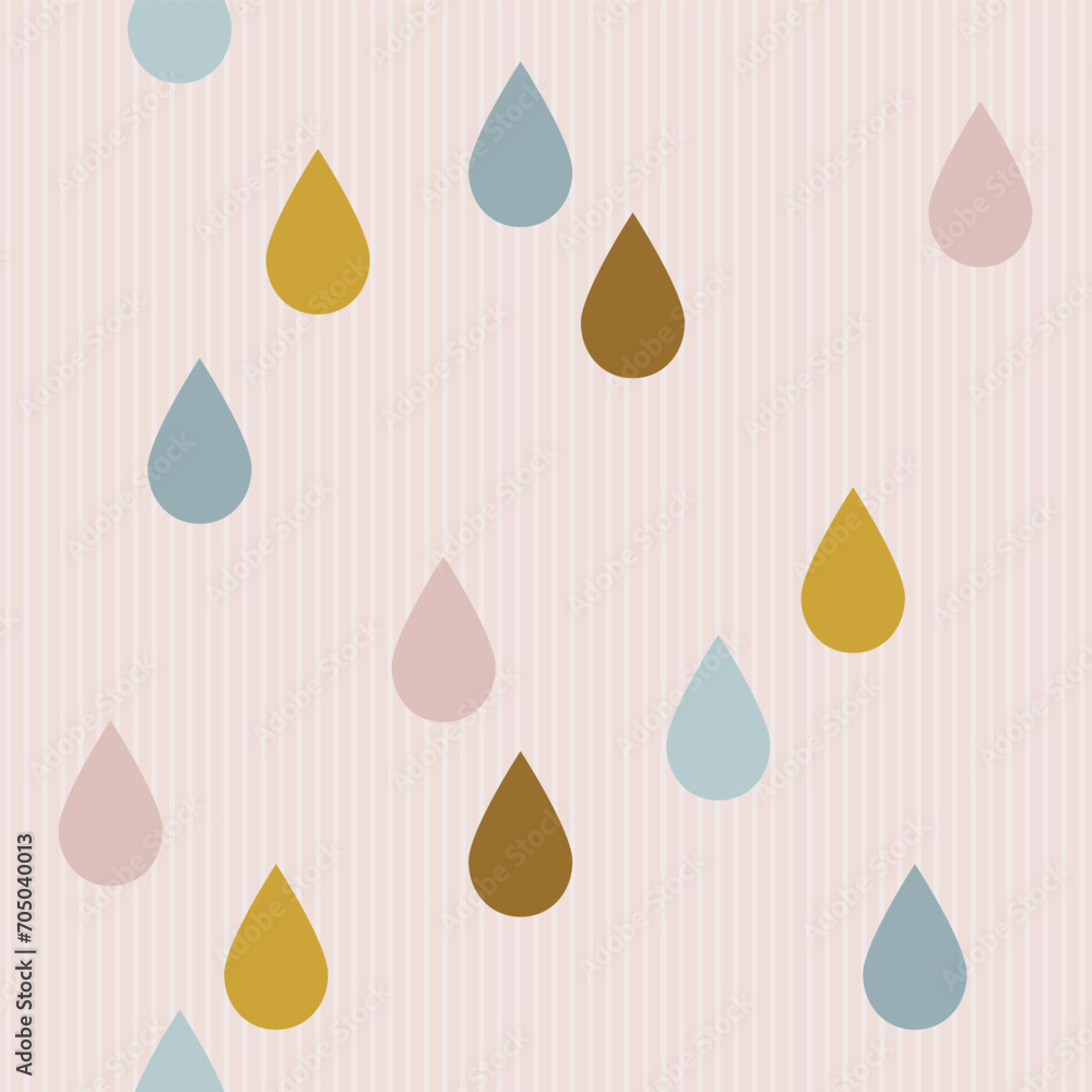 rain drop shaped colorful decor geometric abstract elements. Isolated vector pastel colorful seamless pattern on vertical stripped light pink background.