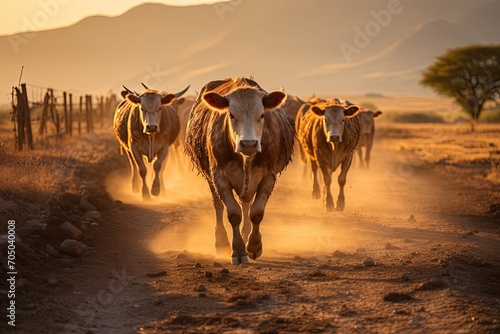 Amazing shot of a farmland with cows on a sunset 