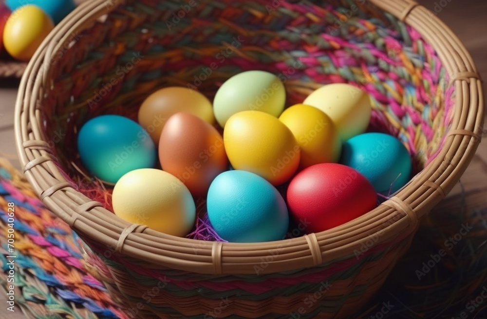 Close up of colorful Easter eggs in a basket Close up of colorful Easter eggs in a basket
