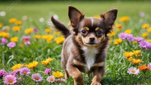 Chocolate long coat chihuahua dog in flower field photo