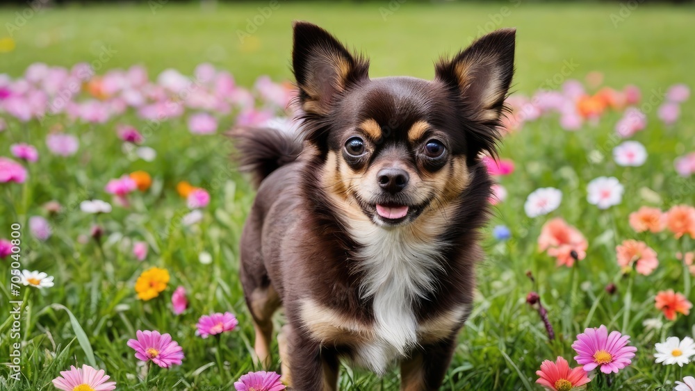 Chocolate long coat chihuahua dog in flower field
