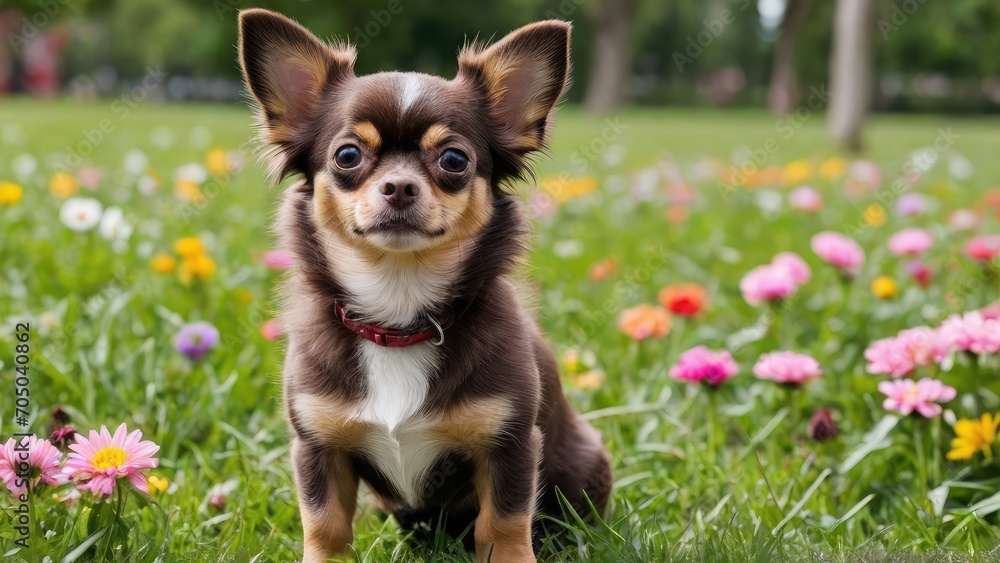 Chocolate long coat chihuahua dog in flower field Chocolate long coat chihuahua dog in flower field