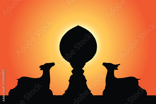 Golden Dharma wheel flanked by two deer vector. Golden Dharma wheel vector illustration. Symbol of Tibet Temple silhouette.