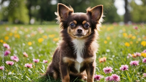 Chocolate long coat chihuahua dog in flower field