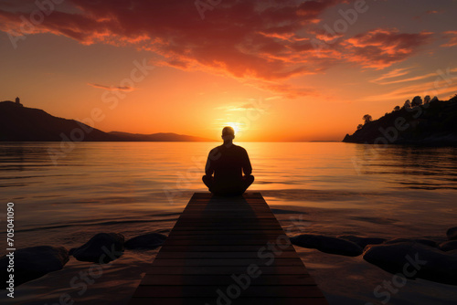 A simple silhouette of a meditating man against the backdrop of a colorful sunset by the sea, a peaceful and meditative atmosphere. © Katerina Bond