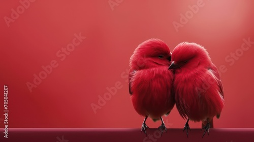 Minimalist valentine's day Concept: Two red love birds on red background modern minimalism, valentines day wallpaper banner, 14th February relationship couple romantic card