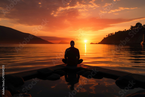 A simple silhouette of a meditating man against the backdrop of a colorful sunset by the sea, a peaceful and meditative atmosphere.