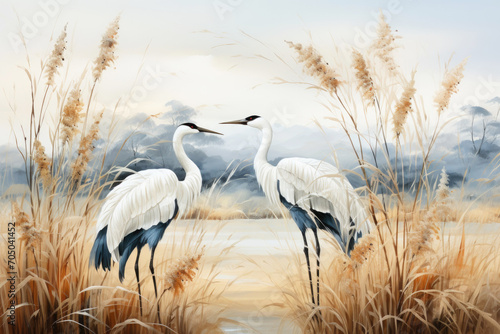 Two cranes stand next to dry golden Pampas grass in the wind on a white background, Chinese style, old paper.