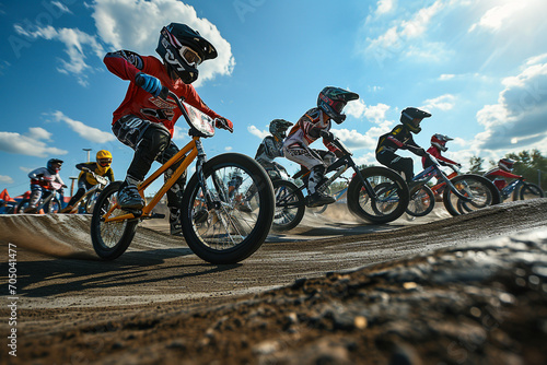 A group of BMX racers exploding out of the starting gate, showcasing speed and competition on a professional track.
