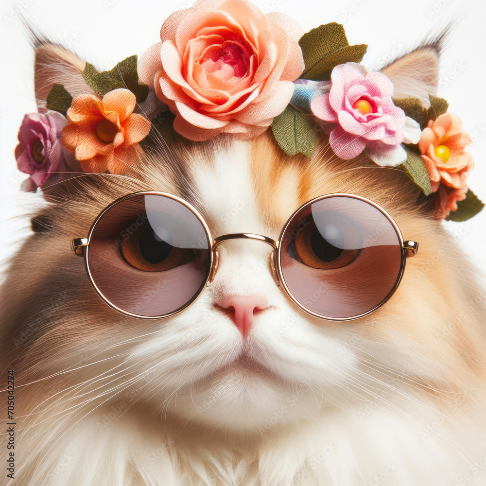 close up funny pet portrait, cute cat with flower crown and sunglasses on solid white background. ai generative