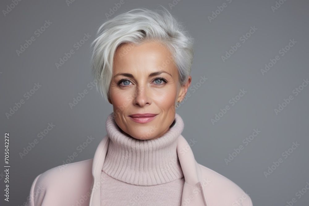 Portrait of beautiful middle aged woman with grey hair wearing pink sweater.
