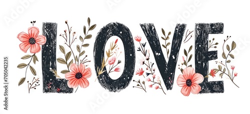 Floral embellished love typography for Valentine's Day greeting. Romance and celebration. photo
