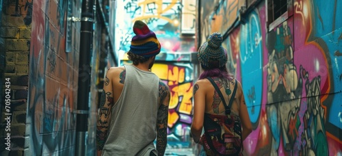 Urban explorers in alley with vibrant graffiti art. Street culture and youth. © Postproduction