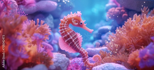 Colorful animated seahorse exploring vibrant coral reef. Underwater marine life.