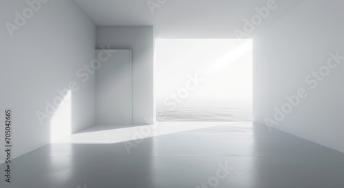 Minimalist white room with an open door leading to a bright light, embodying concepts of hope and new beginnings.