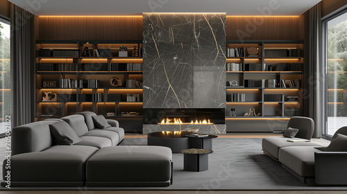 Living room, marble wall fireplace and stylish bookcase to the ceiling in a chic expensive interior of a luxurious country house with a modern design with wood and dark grey furniture