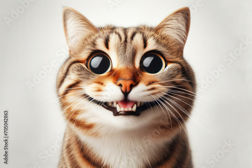 Photo of cat with a big teeth smile and huge eyes on a white background. ai generative