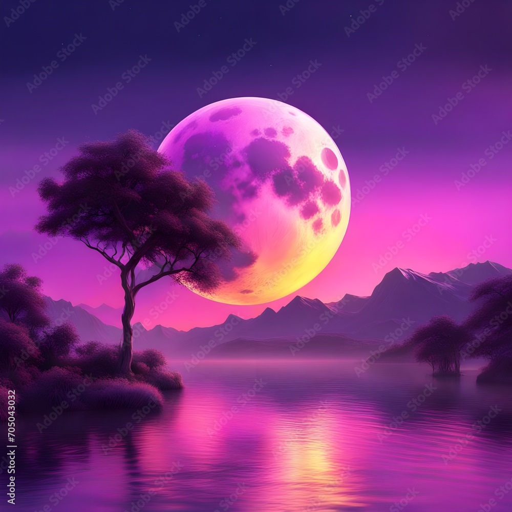 image depicting a pristine white moon suspended in a twilight sky adorned with hues of purple, pink, and yellow. Emphasize the contrast between the moon's brilliance and the vibrant, dreamlike colors 