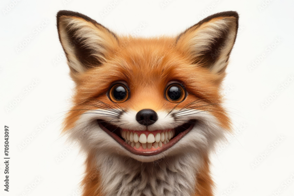 Photo of a funny fox with a big smile and big teeth on a white background. ai generative