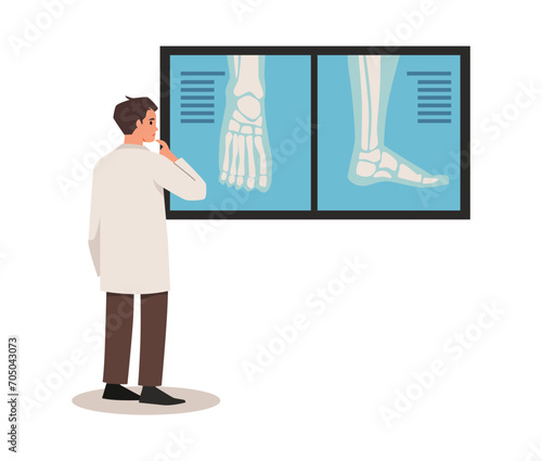 Orthopedic doctor examining xray pictures of joints leg, foot in doctor office, treatment and healthcare vector concept