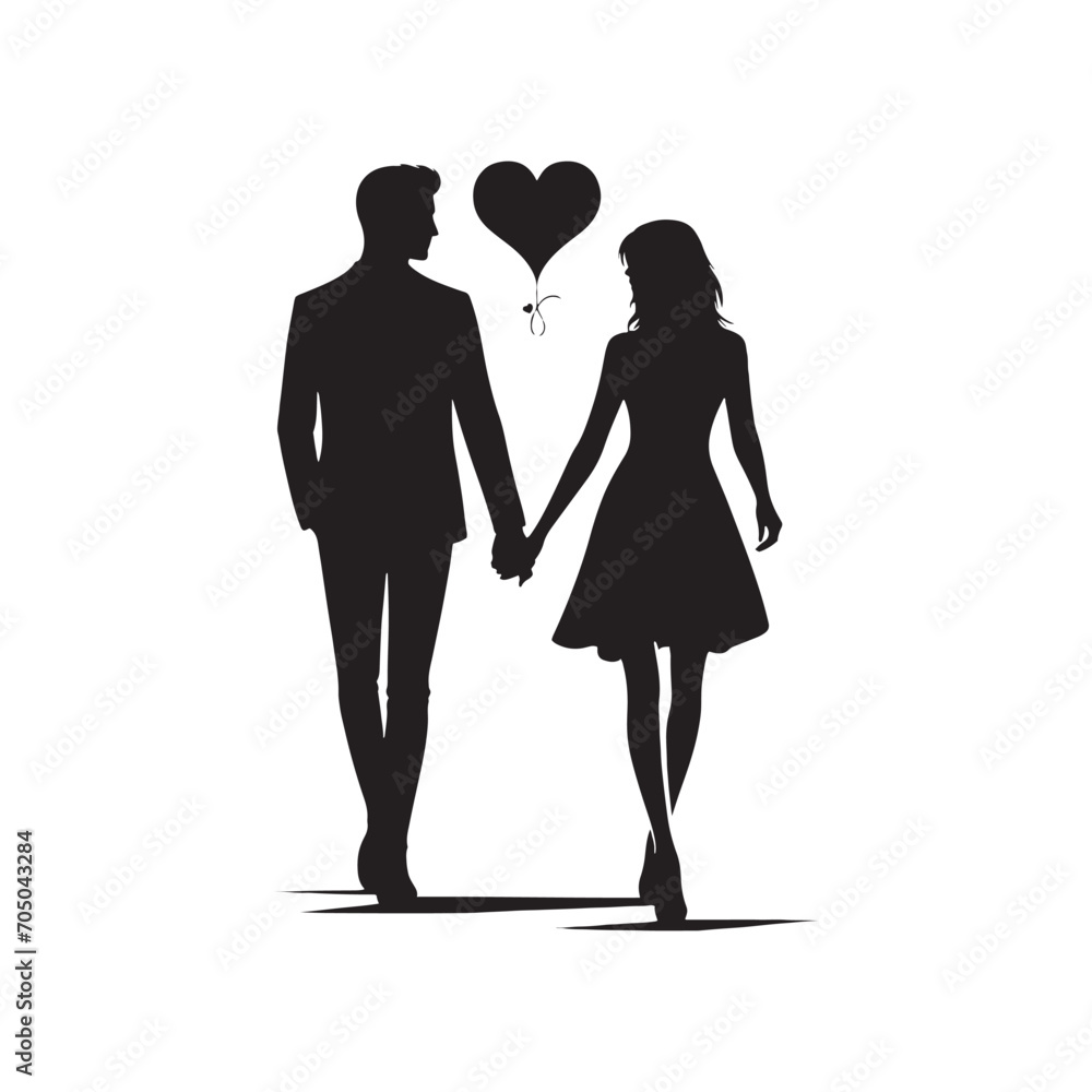 Couple Vector - Passionate Twilight Connection: Couple Holding Hands Silhouette at Sunset - Holding Hand Couple Silhouette - Valentine Vector Stock
