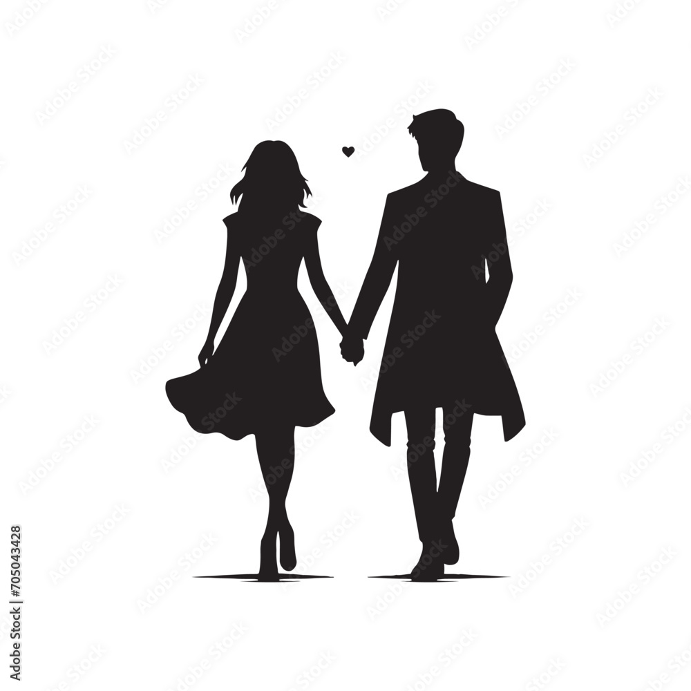 Couple Vector - Twilight Whispers Harmony: Silhouetted Couple Holding Hands in the Evening - Holding Hand Couple Silhouette - Valentine Vector Stock
