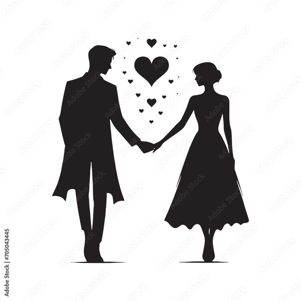 Couple Vector - Whispering Love's Unity: Enchanting Silhouette of Couple Holding Hands - Holding Hand Couple Silhouette - Valentine Vector Stock
