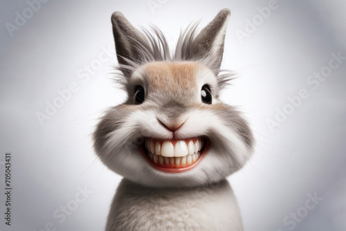 Photo of a funny rabbit with a big smile and big teeth on a white background. ai generative
