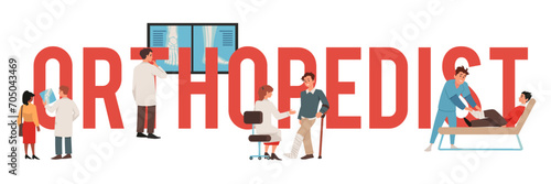Orthopedist typography banner with small characters of doctor and patient.