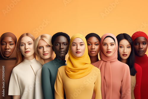 Multinational young girls in a raw looking at camera isolated in minimal background, Global people diversity concept, Christians' and Muslims religions concept art, lady in hijab cosmetics advertising