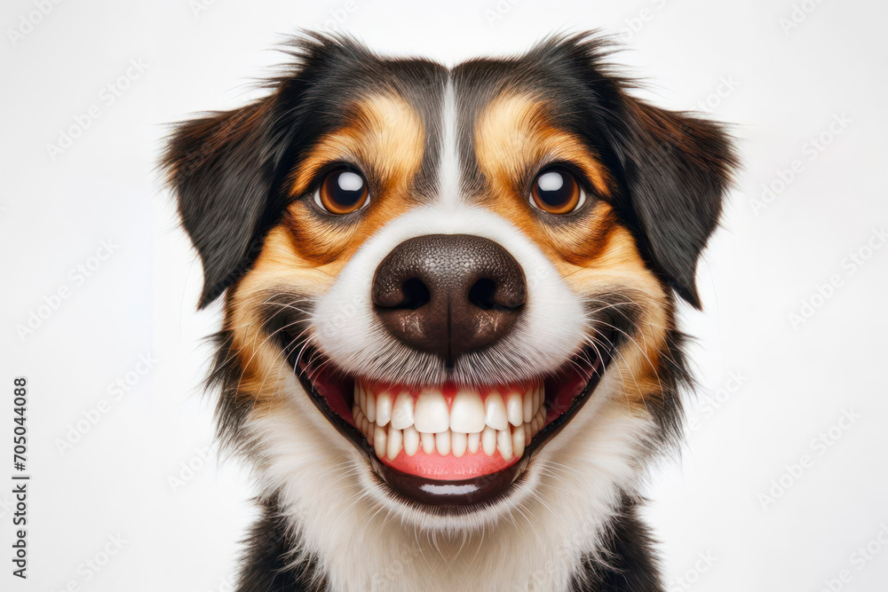Portrait of a funny dog with a big smile and big teeth on a white background. ai generative - obrazy, fototapety, plakaty 
