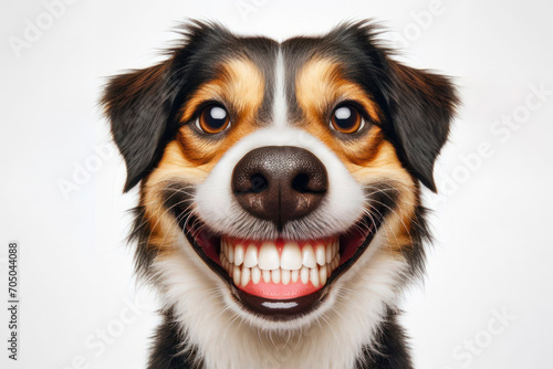 Portrait of a funny dog with a big smile and big teeth on a white background. ai generative